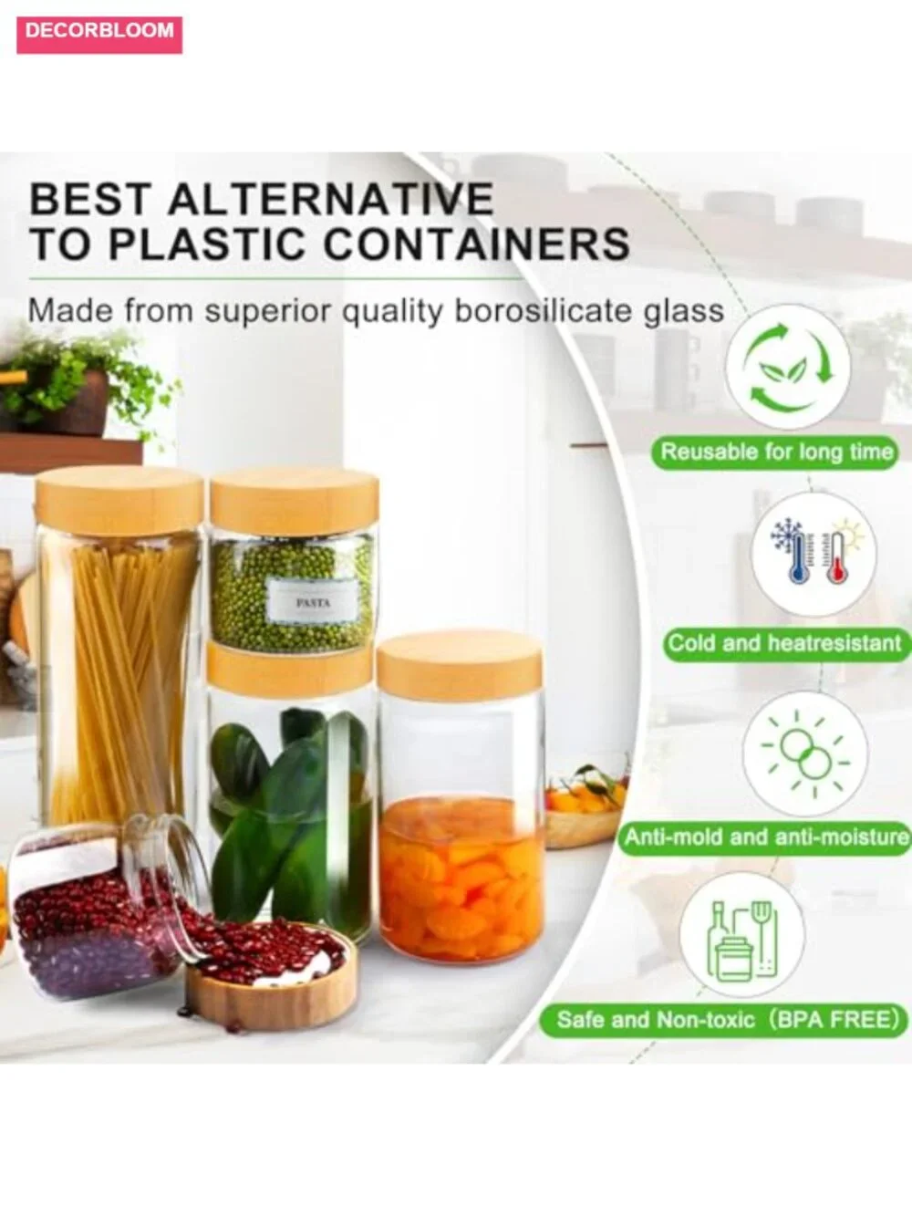 Airtight Glass Storage Jar Set with Bamboo Lids, 5-Piece Canisters for Kitchen